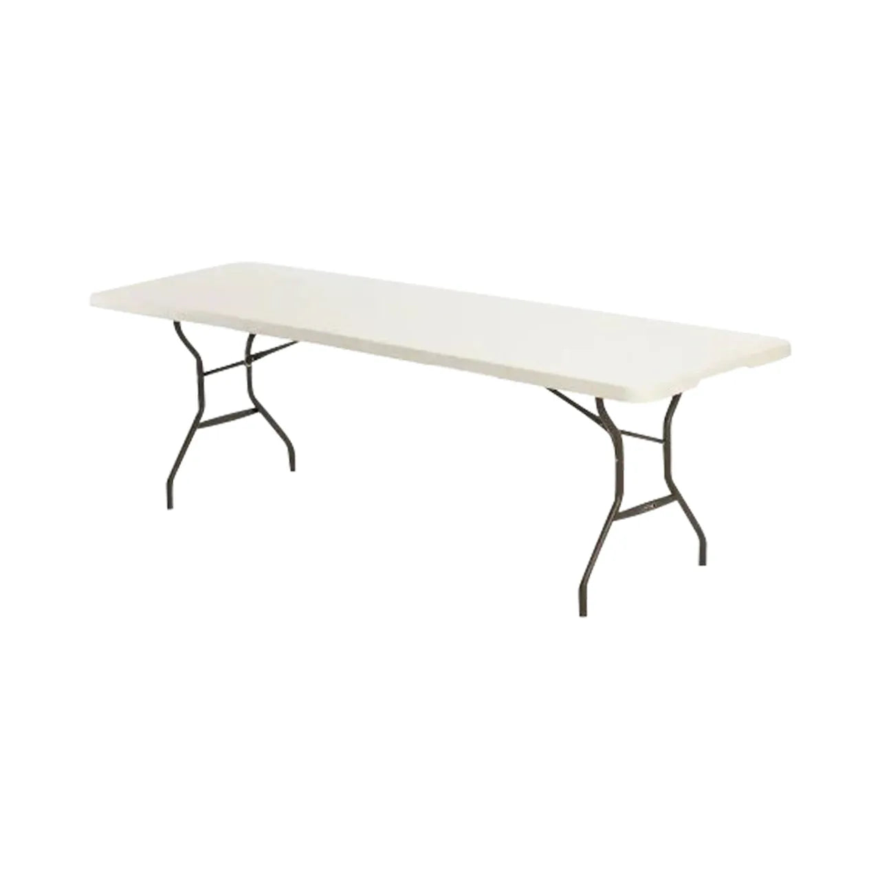 The Go Build 8 ft. Fold-in-Half Table in Almond, by The Fastest Way To Build, features a rectangular design with metal legs—ideal as an indoor or outdoor table for any occasion, shown here against a plain white background.